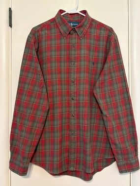 Ralph Lauren Polo Men's Red/Green Plaid Custom Fit L/S Button-Down Shirt L Logo
